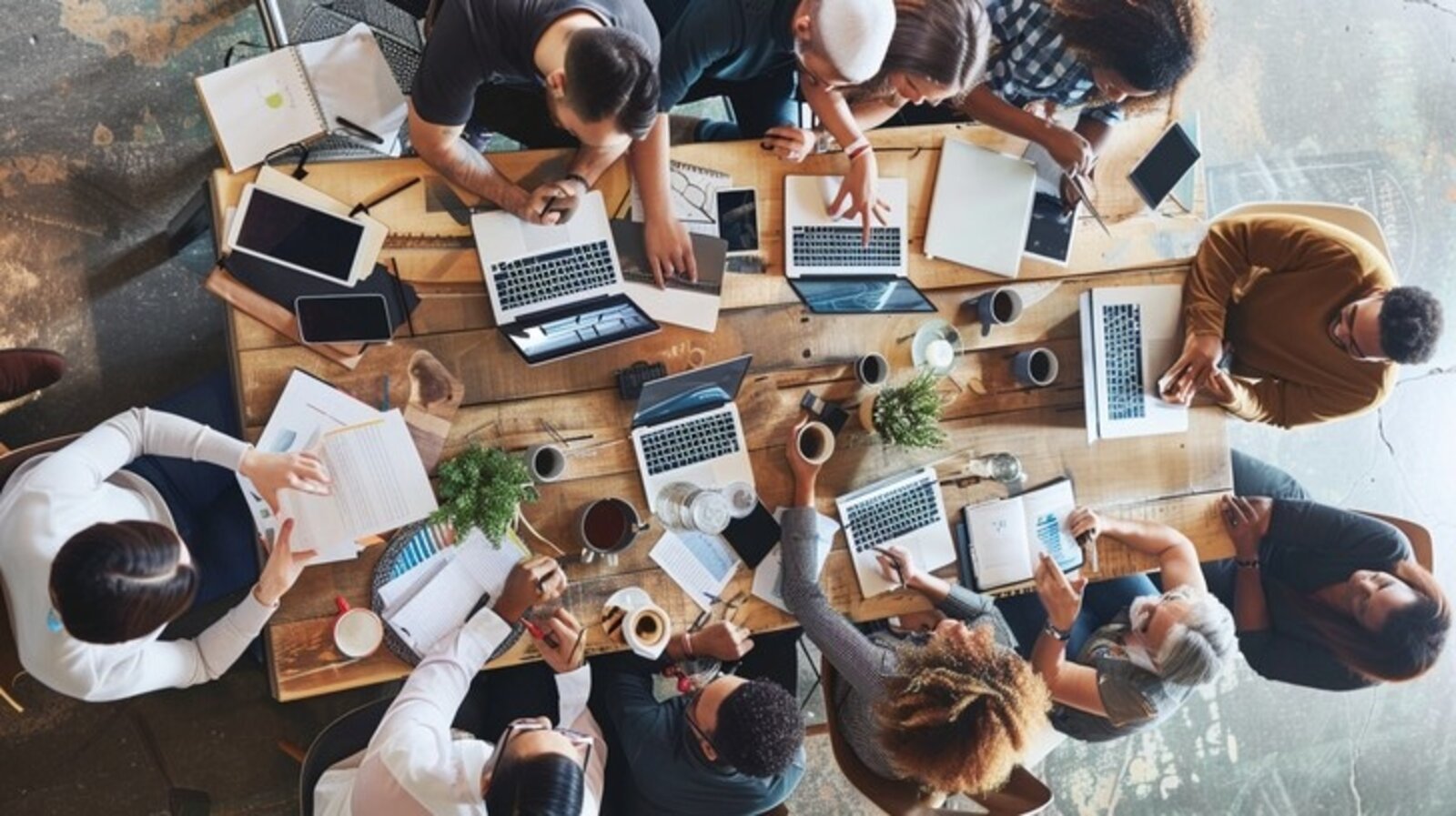 Overhead view of a diverse team collaborating around a table